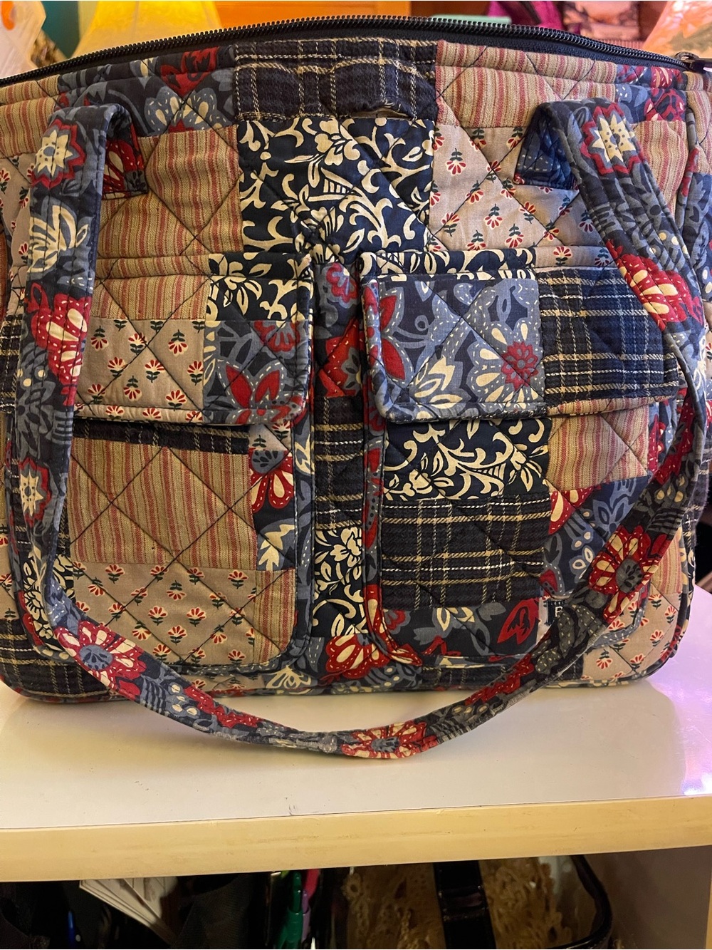 BELLA TAYLOR Country Quilted Patchwork Tote Bag - Navy, Red & Cream